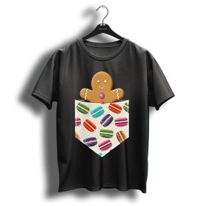 Christmas Gingerbread Man In Pocket With Colorful Macaroons T-Shirt