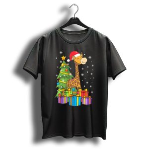 Christmas Giraffe Santa With Tree Lights And Presents T Shirt