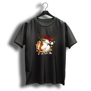 Christmas Guinea Pig With Santa Hat And Reindeer Antlers Surrounded By Colorful Lights T Shirt