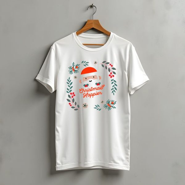 Christmas Happier Santa Claus With Holly And Festive Floral Elements T Shirt t shirt 1 1