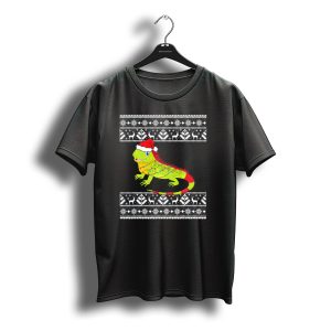 Christmas Iguana Wrapped In Lights With Santa Hat And Scandinavian T-Shirt