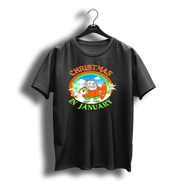 Christmas In January Santa With Surfboard And Drink T Shirt t shirt 1
