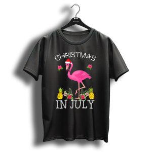 Christmas In July Pink Flamingo Santa Hat Pineapples Floral T Shirt