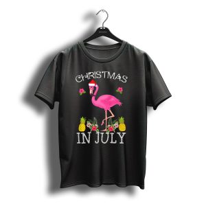 Christmas In July Pink Flamingo Santa Hat Pineapples Floral T-Shirt