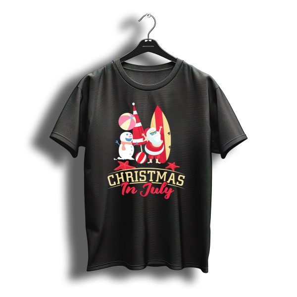 Christmas In July Santa Surfing Snowman Beach Ball T Shirt t shirt 1