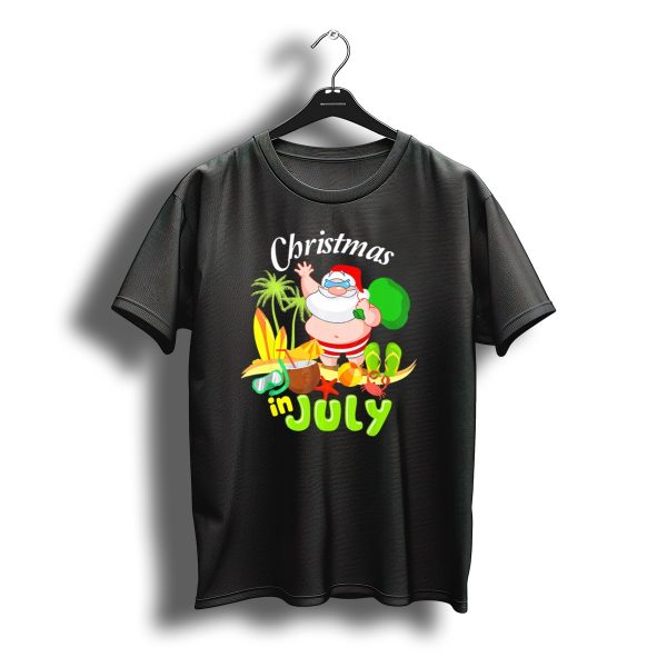 Christmas In July Santa With Surfboards Palm Trees Tropical Drinks T Shirt t shirt 1