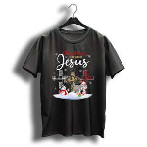 Christmas Is All About Jesus Snowman Schnauzer Dog Crosses And Snowflakes T-Shirt