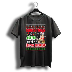 Christmas Is Better With A German Shepherd Santa Hat Snowflakes Bones Paw Prints Trees T Shirt