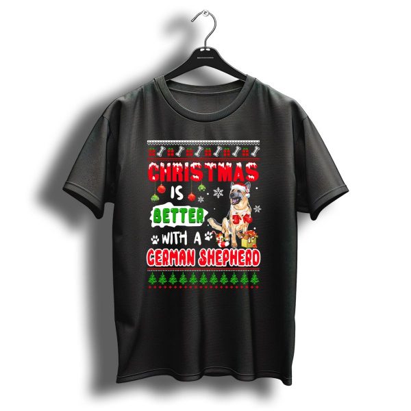 Christmas Is Better With A German Shepherd Santa Hat Snowflakes Bones Paw Prints Trees T Shirt 1 t shirt 1