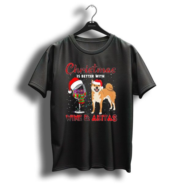 Christmas Is Better With Wine And Akitas Santa Hat Snowflakes T Shirt 1 t shirt 1