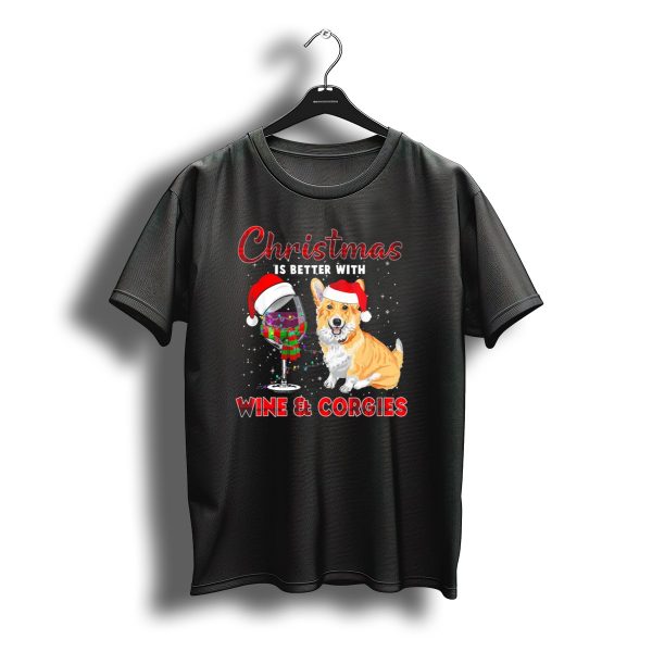 Christmas Is Better With Wine And Corgies Santa Hat Glass T Shirt t shirt 1