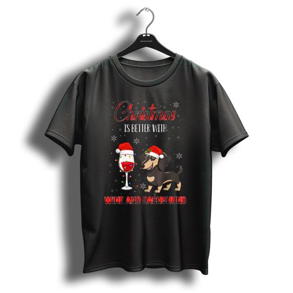 Christmas Is Better With Wine And Dachshund Santa Hats Snowflakes T Shirt 1 t shirt 1