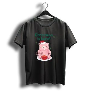 Christmas Is Here Merry Pig With Santa Hat And Present T Shirt