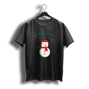 Christmas Is Here Snowman Santa Hat Scarf Snowflakes T-Shirt