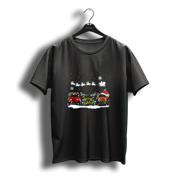 Christmas Jeep Lights With Santa Sleigh And Snowflakes T Shirt t shirt 1
