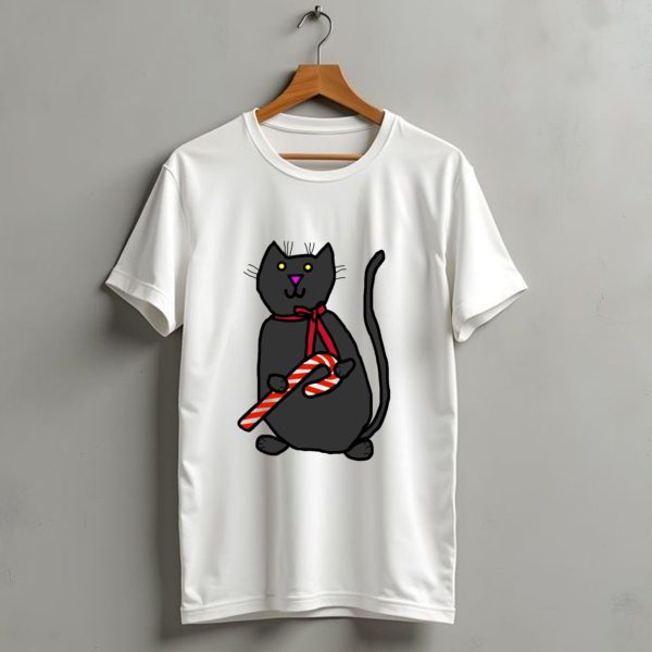 Christmas Kitty Holding Candy Cane With Festive Red T Shirt 1 t shirt 1