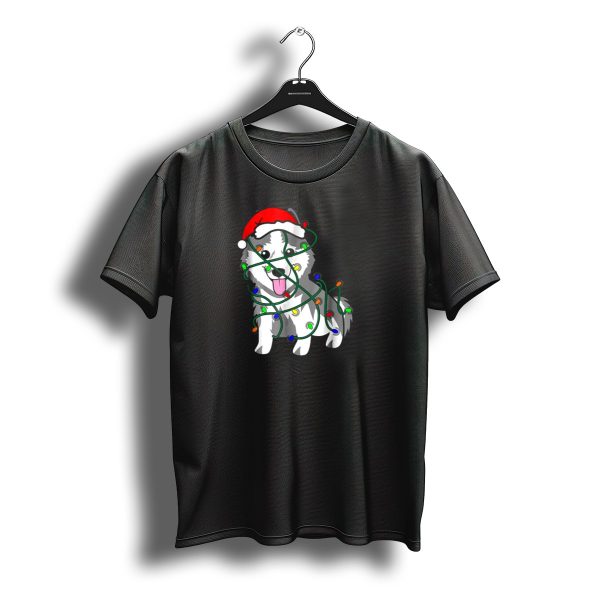 Christmas Lights Decoration Funny Husky Santa Hat T Shirt t shirt 1