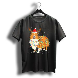 Christmas Lights Shetland Sheepdog Santa Hat Antlers T Shirt