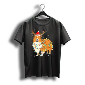 Christmas Lights Shetland Sheepdog Santa Hat Antlers T-Shirt