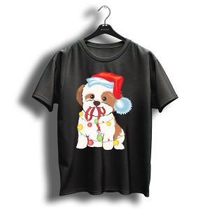 Christmas Lights Shih Tzu With Santa Hat And Festive Ornaments T Shirt