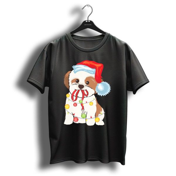 Christmas Lights Shih Tzu With Santa Hat And Festive Ornaments T Shirt 1 t shirt 1