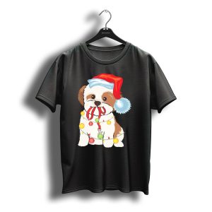 Christmas Lights Shih Tzu With Santa Hat And Festive T-Shirt