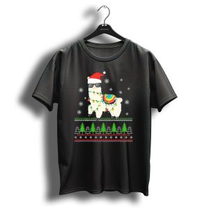 Christmas Llama Alpaca Santa Hat Ugly Sweater Snowflakes Lights T Shirt