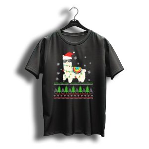 Christmas Llama Alpaca Santa Hat Ugly Sweater Snowflakes Lights T-Shirt