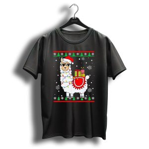 Christmas Llama Alpaca Wearing Santa Hat With Festive Gifts And Snowflakes T Shirt