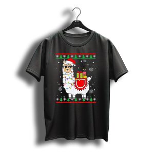 Christmas Llama Alpaca Wearing Santa Hat With Festive Gifts And Snowflakes T-Shirt