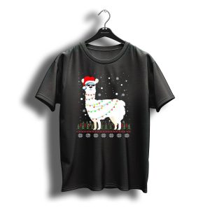 Christmas Llama Santa Hat Glasses Ugly Sweater Lights Snowflakes Trees T-Shirt