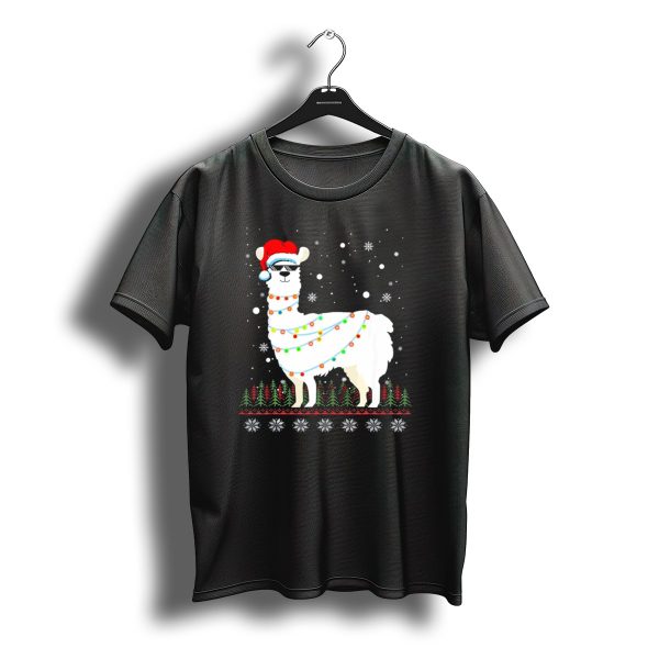 Christmas Llama Santa Hat Glasses Ugly Sweater Lights Snowflakes Trees T Shirt t shirt 1