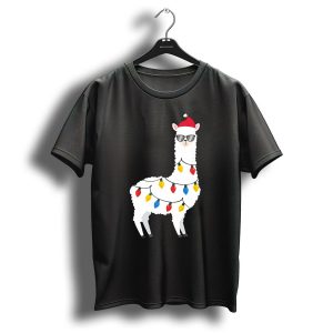 Christmas Llama Santa Hat Sunglasses Alpaca With Holiday Lights T Shirt