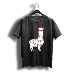 Christmas Llama Santa Hat Sunglasses Alpaca With Holiday Lights T-Shirt