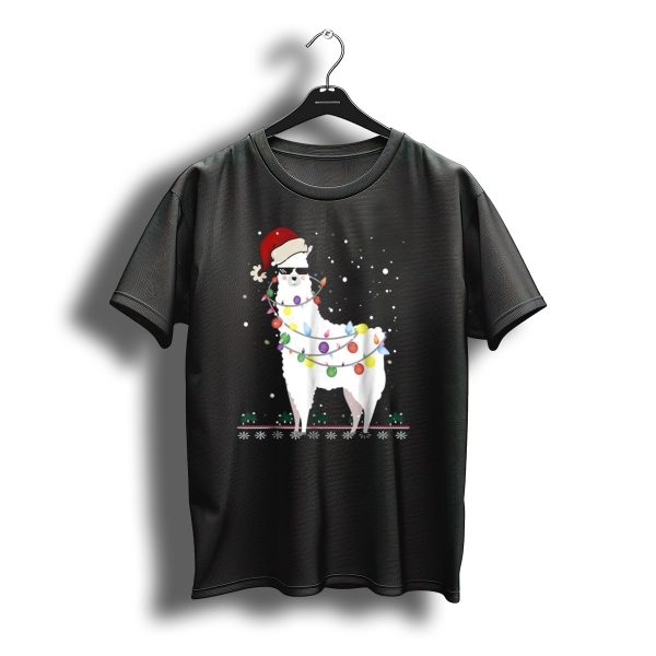 Christmas Llama Santa Hat Ugly Xmas Tree Lights Snowflakes T Shirt t shirt 1