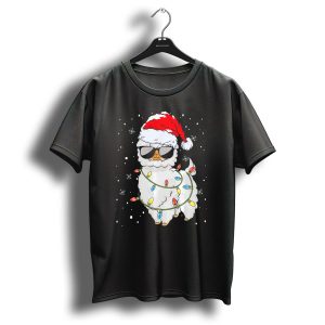 Christmas Llama Santa Hat With Sunglasses And Festive Lights T Shirt