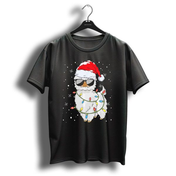Christmas Llama Santa Hat With Sunglasses And Festive Lights T Shirt 1 t shirt 1