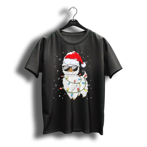 Christmas Llama Santa Hat With Sunglasses And Festive Lights T Shirt t shirt 1