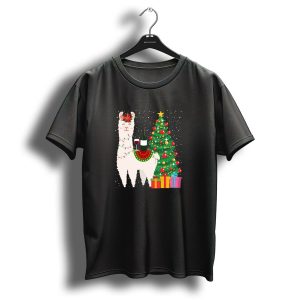 Christmas Llama With Wine And Festive Tree T Shirt