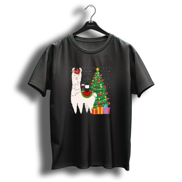 Christmas Llama With Wine And Festive Tree T Shirt 1 t shirt 1