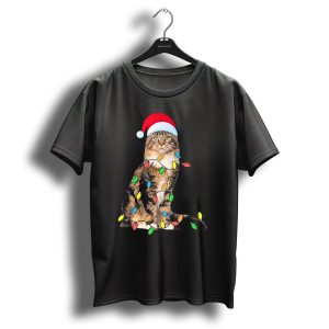 Christmas Maine Coon Cat With Santa Hat And Christmas Lights T Shirt