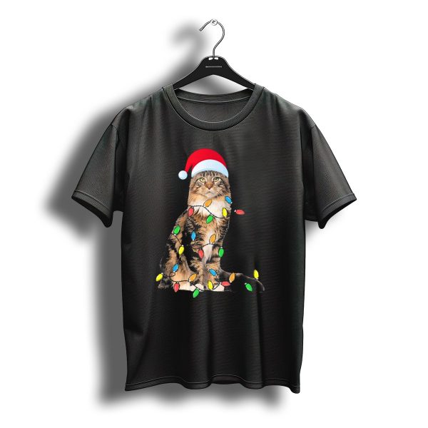 Christmas Maine Coon Cat With Santa Hat And Christmas Lights T Shirt t shirt 1