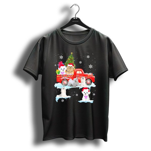 Christmas Maltese Dogs Celebrating On Red Truck With Tree And Snowflakes T Shirt 1 t shirt 1