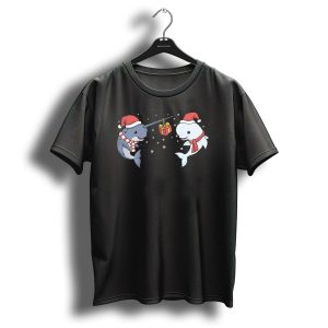 Christmas Narwhal And Beluga Whale With Santa Hats And Snowflakes T Shirt