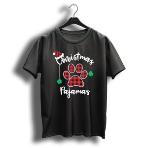 Christmas Pajamas Buffalo Plaid Santa Hat Paw Prints T Shirt