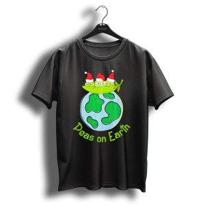 Christmas Peas On Earth With Santa Hat Vegetables On Globe T Shirt