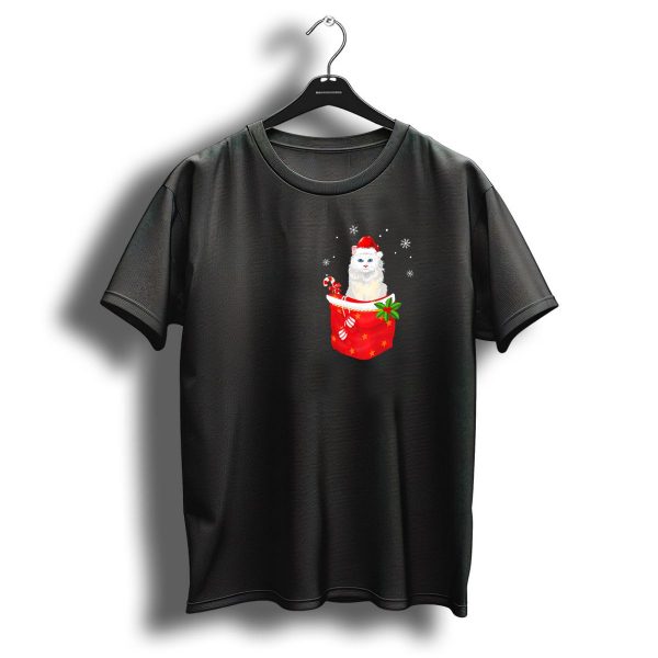 Christmas Persian Cat Wearing Santa Hat With Candy Canes And Snowflakes In Pocket T Shirt 1 t shirt 1