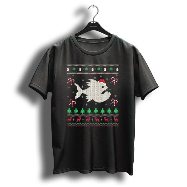 Christmas Piranha Fish Ugly Sweater Holiday Trees Reindeer Candy Canes Snowflakes T Shirt 1 t shirt 1