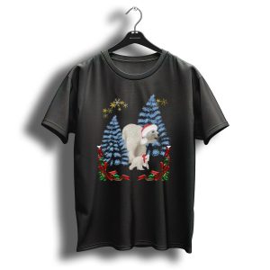 Christmas Polar Bear Mum And Baby In Santa Hats With Snowy Trees And Festive Ribbons T Shirt