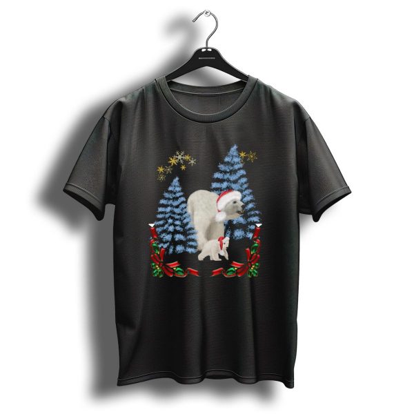Christmas Polar Bear Mum And Baby In Santa Hats With Snowy Trees And Festive Ribbons T Shirt 1 t shirt 1